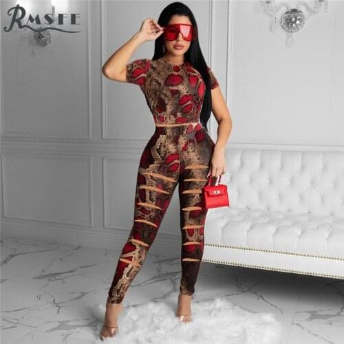 RMSFE 2021 European And American Womens Short Sleeve Round Neck + Pants Snakeskin Print Hole Suit Set