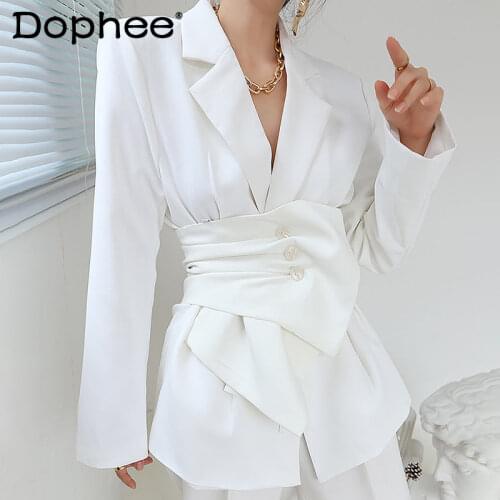 2021 Spring Summer Temperament Korean Style White Office Lady Suit Jacket Slim Waist Brewed Lapel Blzer Coat Women Clothing Top