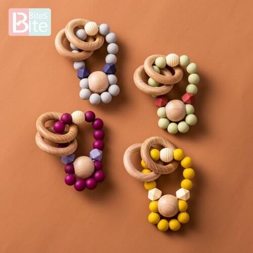 Bite Bites 1pc Nursing Bracelets Rattle Baby Teether Food Grade Perle Silicone Beads Teething Wooden Ring ChildrenS Goods Toys