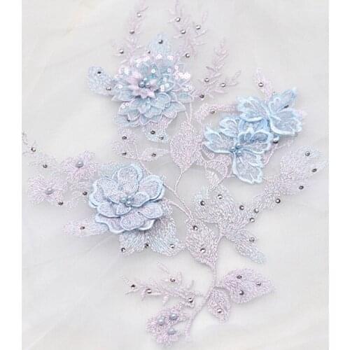 2Pcs Beaded Lace Appliqued Cording Embroidery Lace Applique Flower Patch Fabric Wedding Diy Dress Patch Decoration