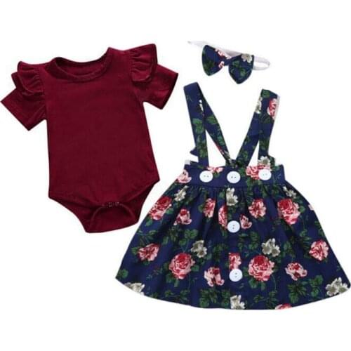 2019 Infant Baby Girl Summer Clothes Baby Ruffles Sleeve Romper Tops+Bib Overall Shorts+Headband 3PCS Toddler Kid Sets