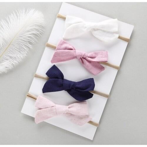 4 pcs/lot , Hand Tied Cotton Linen Hair Bow Nylon headband, School Girl Bow Headbands Hair Accessory