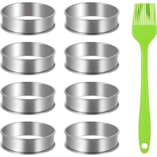 8 Pcs Muffin Tart Rings,Stainless Steel Double Rolled Tart Ring Round Ring Mold with Oil Brush for Home Food Making Tool