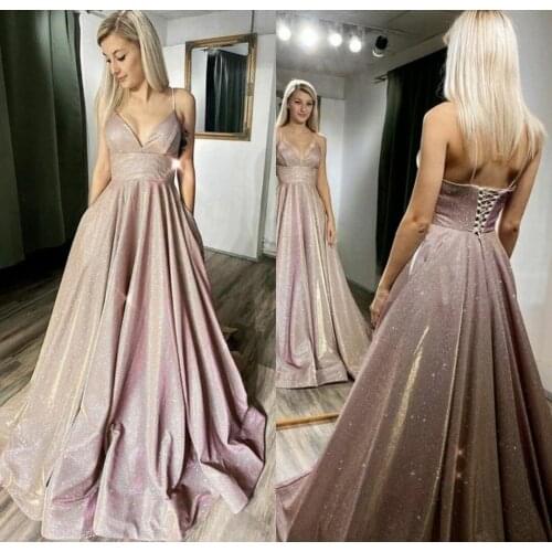 A-Line Long Pink Glitter Prom Dresses with Pockets V-Neck Spaghetti Robe De Soiree Floor Length Lace Up Back Formal Party Gown