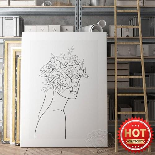 Abstract Flowers Character Line Minimalism Sketch Art Poster, Nordic Style Living Room Sofa Background Wall Decor Art Prints