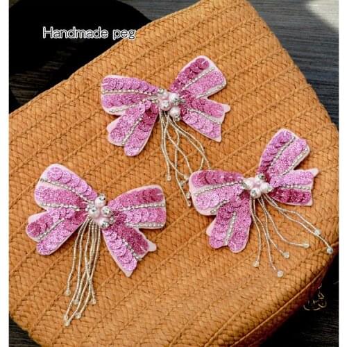 Handmade Pink Beaded Tassel Sequins Bowknot Patches Sew On Crystal Pearl Patch Stickers Appliques For Clothes Bags Shoes