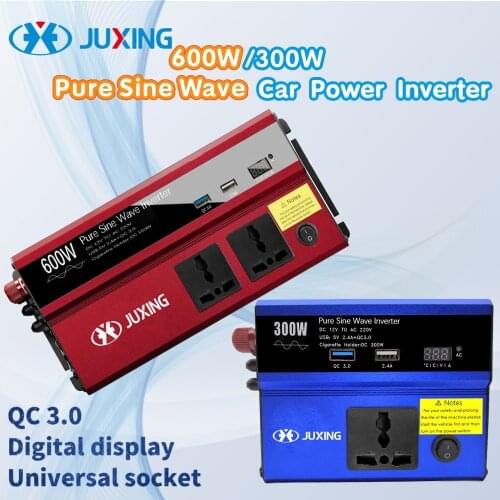 JUXING 600W/300W Car Power Converter DC12V To AC220V Inverter With 2* AC Oultet and QC 3.0 Fast Charging USB Port Pure Sine Wave