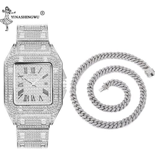 Hip Hop 19MM Necklace & Men Square Quartz Watch Combet Set Gold Color Iced Out Paved Rhinestones Cuban Chain CZ Bling Jewelry