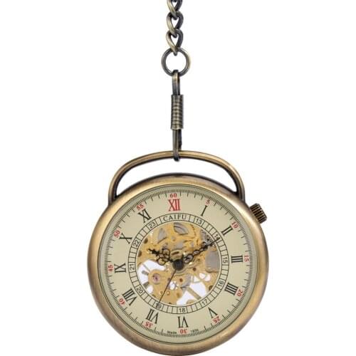 Antique Skeleton Gear Bronze Mechanical Hand Wind Pocket Watch Relogio De Bolso With Chain Men Women Christmas Gift