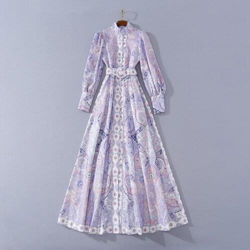 And American womens European clothing 2021 summer new style Long sleeve collar Court purple printing Fashion belt dress