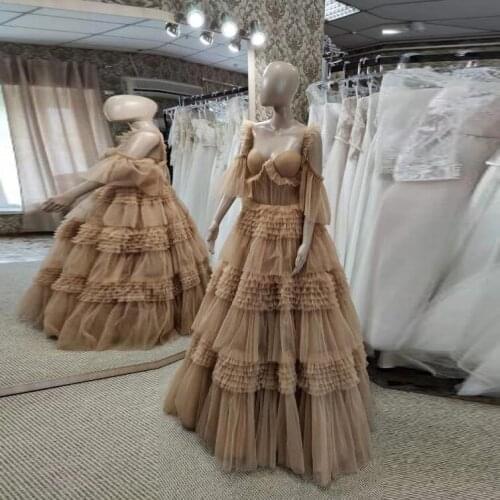Brown Elegant Exquisite Women Dress A-Line Floor Length Sweetheart Tulle Ruffle Floor Length Evening Dress Prom Dress Plus Size