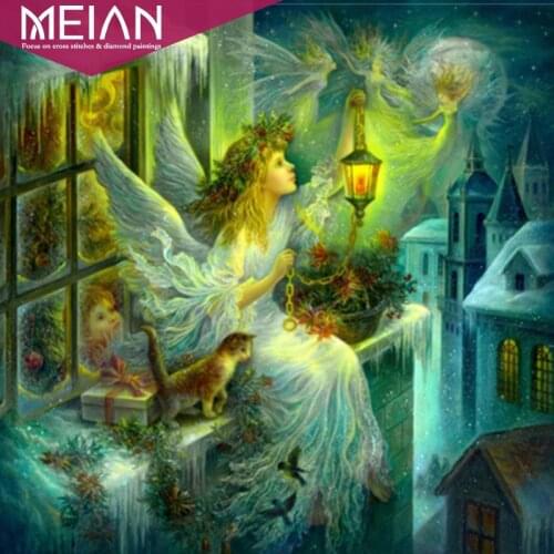 Meian,Full Round 5D Diy Diamond Embroidery Angel Night Diamond Painting Cross Stitch Drill House Adornment Picture Snow