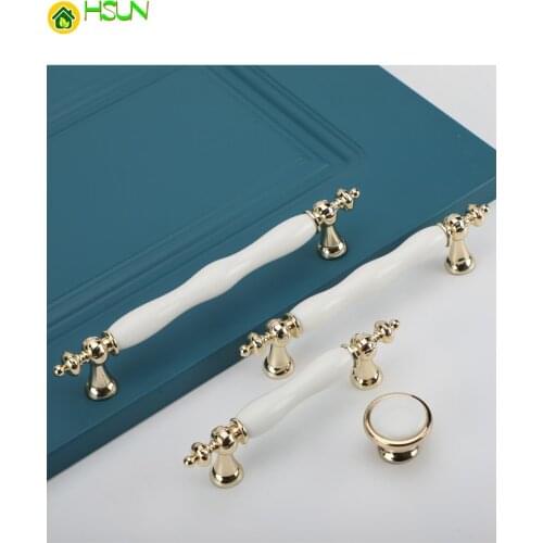 Kitchen Fashion Ceramic Cabinet Handles Golden Cupboard Door Handles Drawer Knobs European White Furniture Pulls