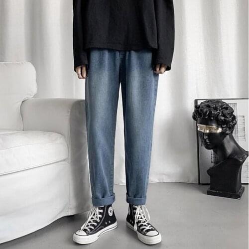 Mens Retro Elastic Jeans Mens Korean Spring Trend Straight Tube Loose Casual Student Wide Leg Casual Pants