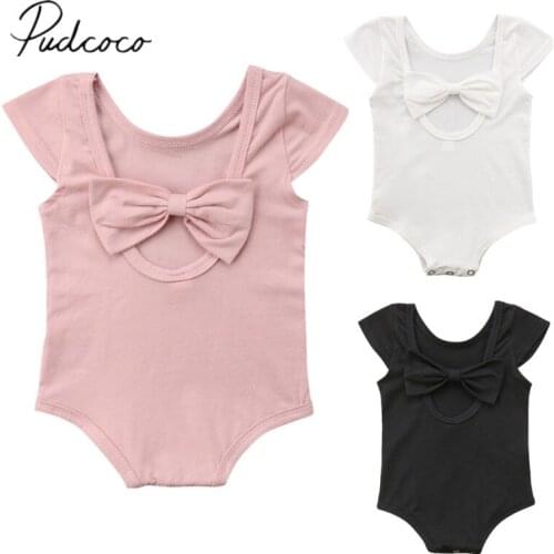 2018 Brand New Summer Casual Toddler Baby Girl Romper Short Sleeve Solid Back Bow Jumpsuits Romper Btief Outfit Wholesale 0-24M