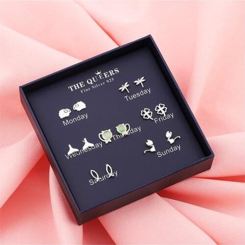 NEW One Week 925 Sterling Silver Stud Earring Simple Line Animal Seven Days Replaceable Sets For Girl Valentines Day Gift LH002