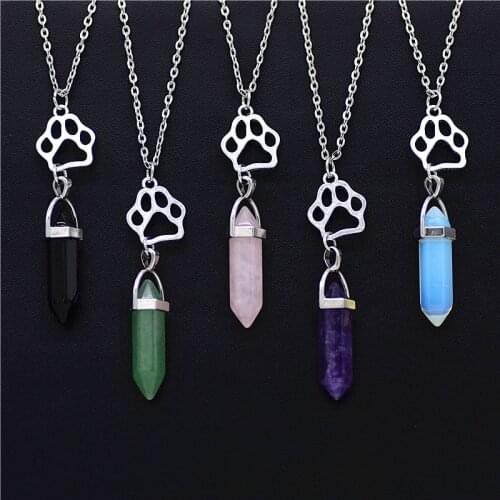 New Tibetan Silver Color Cats Dogs Paw Print Charm Quartz Crystal Natural Stone Pendant Necklace for Women Men Best Friend Gifts
