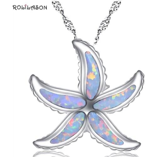 ROLILASON Amazing Lovely Romantic starfish for Women White fire opal silver Necklace Pendant party gift Fashion Jewelry OP778