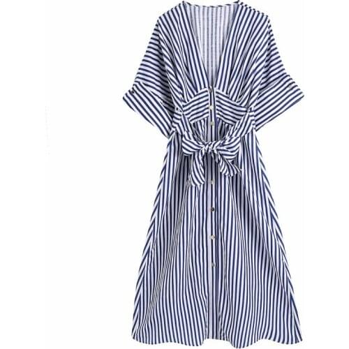 Evfer Women Casual Striped Za Summer Blue Long Dress With Belt Girls Fashion Single Breasted Short Sleeve High Waist Linen Dress