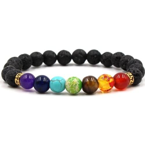 Rainbow 7 Chakras 8mm Black Lava Stone Beads Bracelet Essential Oil Diffuser Balance Bracelet Stretch Jewelry