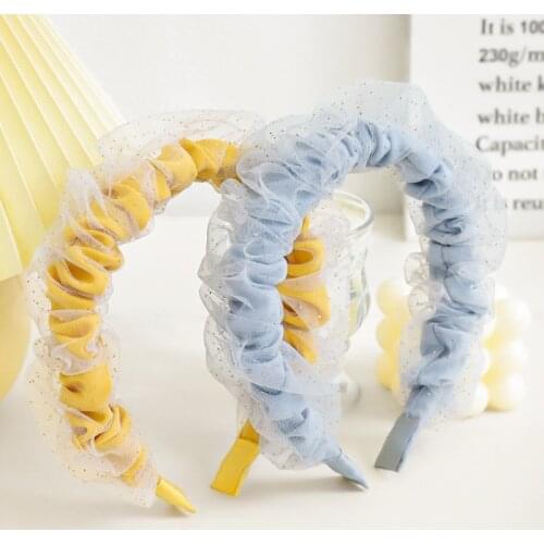 Fashion Solid Color Lace Chiffon Hairband Bubble Fold Scrunchy Headband for Women Girls Bezel Female Headwear Hair Accessories