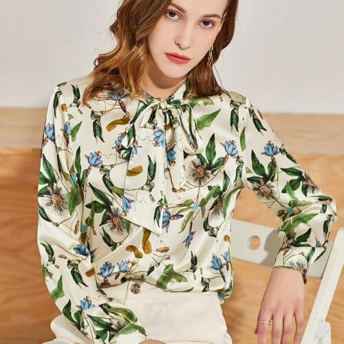 Mulberry 100% Silk Shirt Women Tops Elegant Spring/Summer Long-Sleeved Fashion Printed Silk Collar T-shirt Sexy Large Size Blou