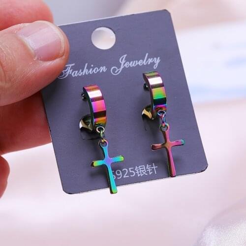 JUWANG Vintage Punk Bricons Cruz Stainless Steel Hoop Earrings For Women Men Cross Dangle Earrings Jewelry Pendientes Piercing