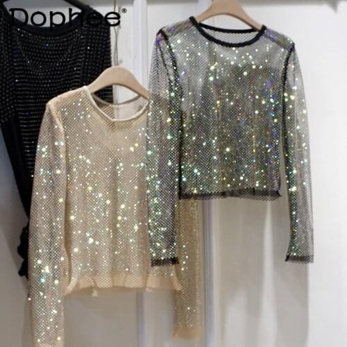 Bright Star Hollow Shiny Bottom Shirts 2021 Spring New Elegant Celebrities Slim Rhinestone Round Neck Long Sleeve T-shirt Tops