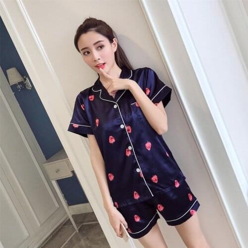 Women Sleepwear Summer Pajama Set Turn Down Collar Faux Silk Satin Blue Short Sleeve Casual Female Pijama Home Wear Shorts
