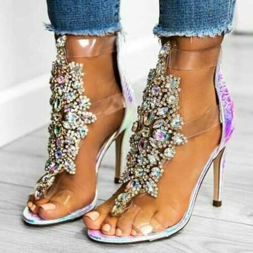 Bling Bling Crystal PVC Stiletto High Heels Sandals Open Toe Ankle Wrap Pumps Rhinestone Gladiator Woman Sandals zapatillas