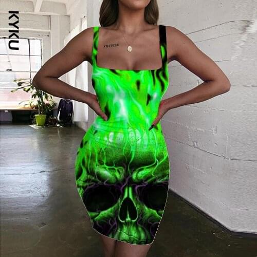 KYKU Brand Skull Dress Women Flame Bodycon Dress Green Sundress Rock Ladies Dresses Womens Clothing Plus Size Beach Korean Style