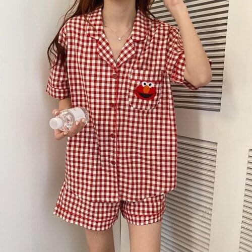 2021 Cute Cartoon Plaid Homewear Mujer Lapel Summer Sleepwear Sleeping Tops+Shorts Pijama Elegant Girl Lovely Outerwear Clothes