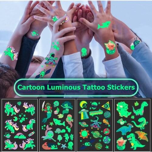 5pcs Kids Cartoon Luminous Tattoo Sticker Waterproof Sweat Party Activity Animal Dinosaur Mermaid Traffic Face Sticker
