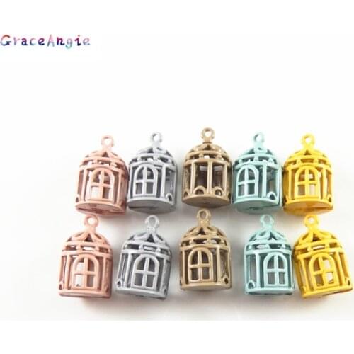 GraceAngie 5PCS Enamel Necklace Zinc Alloy Birdcage Design Charms Handmade Pendant Pink BLue Decoration DIY Jewelry Makings