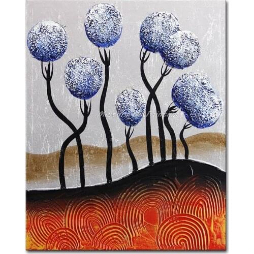 Free Shipping Hand-painted Wall Art Picture Graceful Light Blue Tree Flower Decoration Abstract Landscape Oil Painting on Canvas