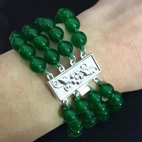 Factory outlet Malaysia green jades 4 rows silver-color clasp chain bracelet 8mm round beads chalcedony jewelry 7.5inch B1519