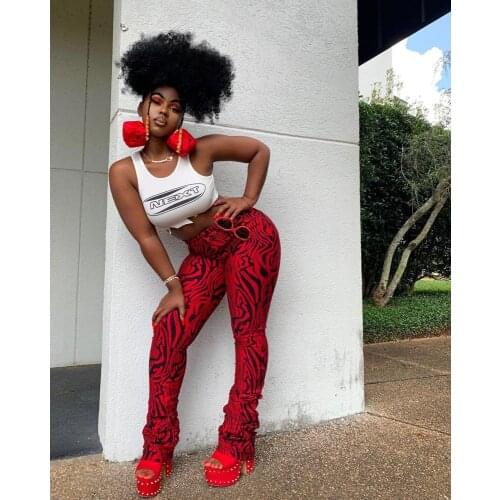 Echoine Smocked zebra print casual pants Women Skinny Bodycon Red Long Trousers Flare Fitness Sexy Streetwear Club Outfits New