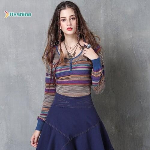 Womens New Striped Knitwear Retro Cotton Hemp Long Sleeve T Sweater Bottom Sweater