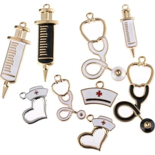 Julie Wang 9PCS Enamel Medical Charms Mixed Syringe Stethoscope Nurse Hat Zinc Alloy Pendant Bracelet Jewelry Making Accessory