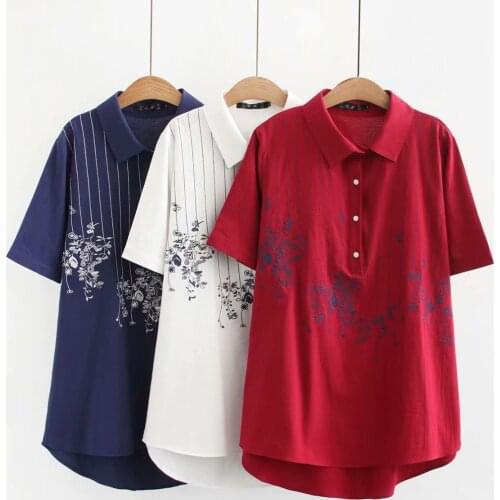 Plus size Embroidery Floral women tshirts 2019 summer NEW cotton short sleeve ladies turn-down collar t shirts female tees tops