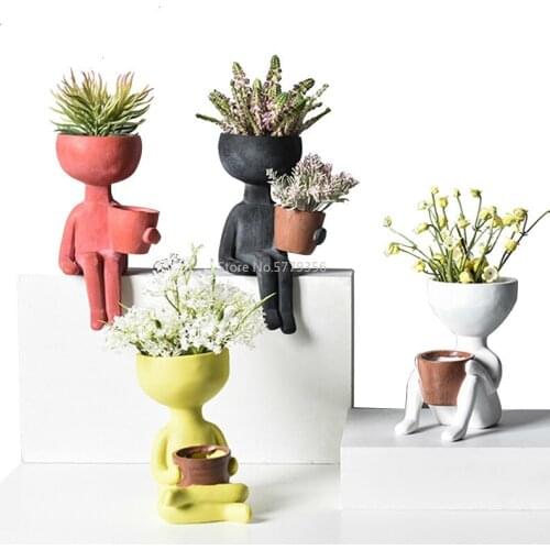 Humanoid Ceramic Flower Pot Character Sitting Posture Sculpture Vase Desktop Flower Arrangement Container Couple Gift Ornaments