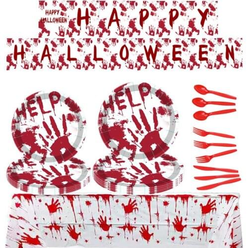 Halloween Horror Party Disposable Tableware Sets Paper Plate Napkin Knife Banner Blood Handprint Dinnerware Decoration Supplies