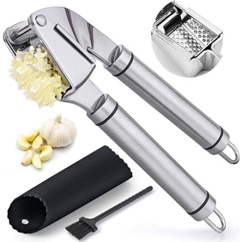 Stainless Steel Garlic Press Mincer Crusher With Silicone Roller Peeler Easy Squeeze Rust Proof Dishwasher Safe Easy Clean