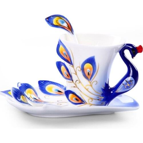 Peacock Mugs Ceramic Painting Creative Bone China 3D Color Emamel Porcelain Saucer Spoon Coffee Tea Sets Christmas Gift