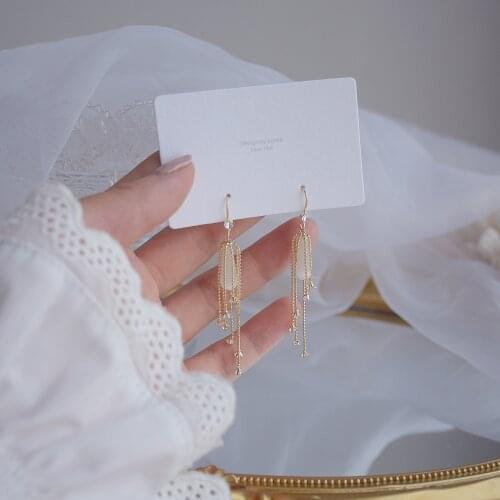 Korea Hot Selling Fashion Jewelry Elegant Opal Long Tassel Chain zircon Earrings for dangle Women