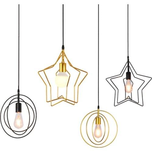 Creative Pentagram Iron Industrial Wind Pendant Light Retro Circle E27 Black/Gold Hanging Lamp For Restaurant Bar Coffee Shop