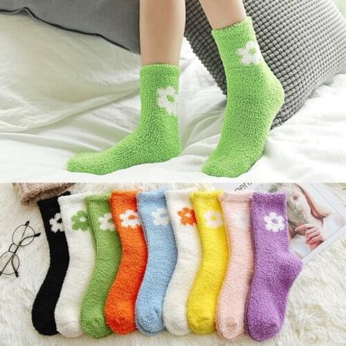 Cute Socks Women Bed Socks Pure Solid Color Fluffy Warm Winter Soft Floor Home Funny flower Socks Thick New Year Gift For Girls