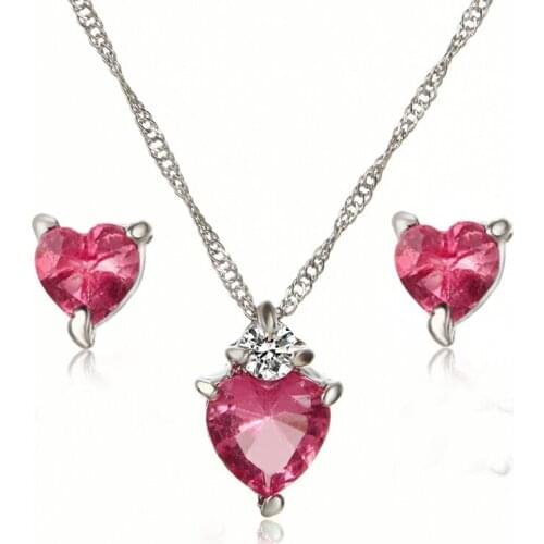 Female 5 Colors Crystal Bridal Jewelry Sets Heart Pendant Necklace Earrings Sets For Women Engagement Wedding Gift
