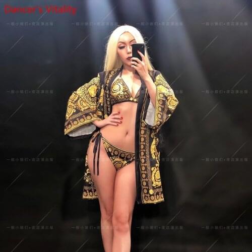Nightclub Bar Classic Trendy Performance Costume Sexy Bra Underpants Lingerie Coat DJ Pole Jazz Dance Women Singer DS Stage Wear