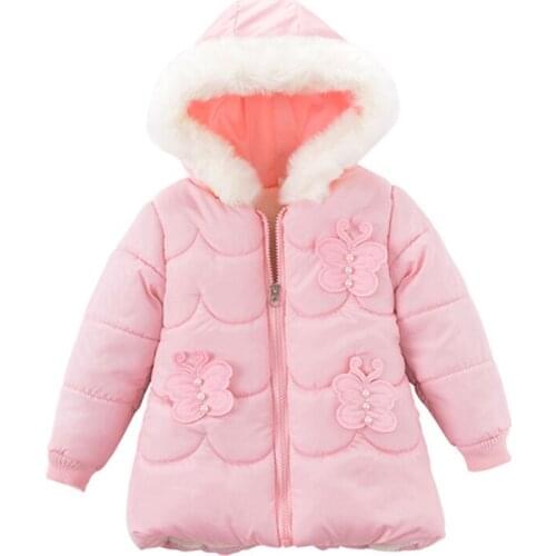 1-5 years girl jacket new winter fashion butterfly hooded plus velvet warm cotton jacket girl jacket children casual jacket coat